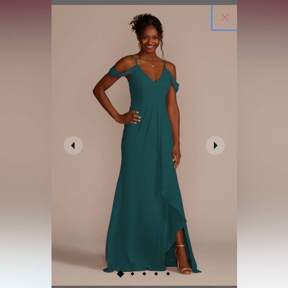 Davids bridal cascading off the shoulder bridesmaid dress in color gem size 2